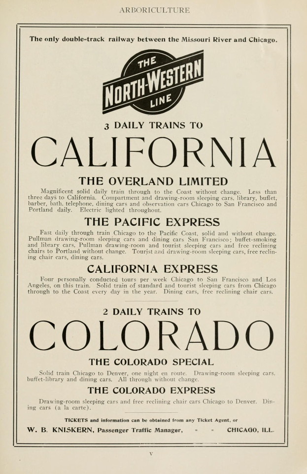 Ein Blatt Papier mit der Aufschrift "Die Nordwestliche Linie - 3 tägliche Züge nach Kalifornien, der Overland Limited, der Pacific Express und Colorado"