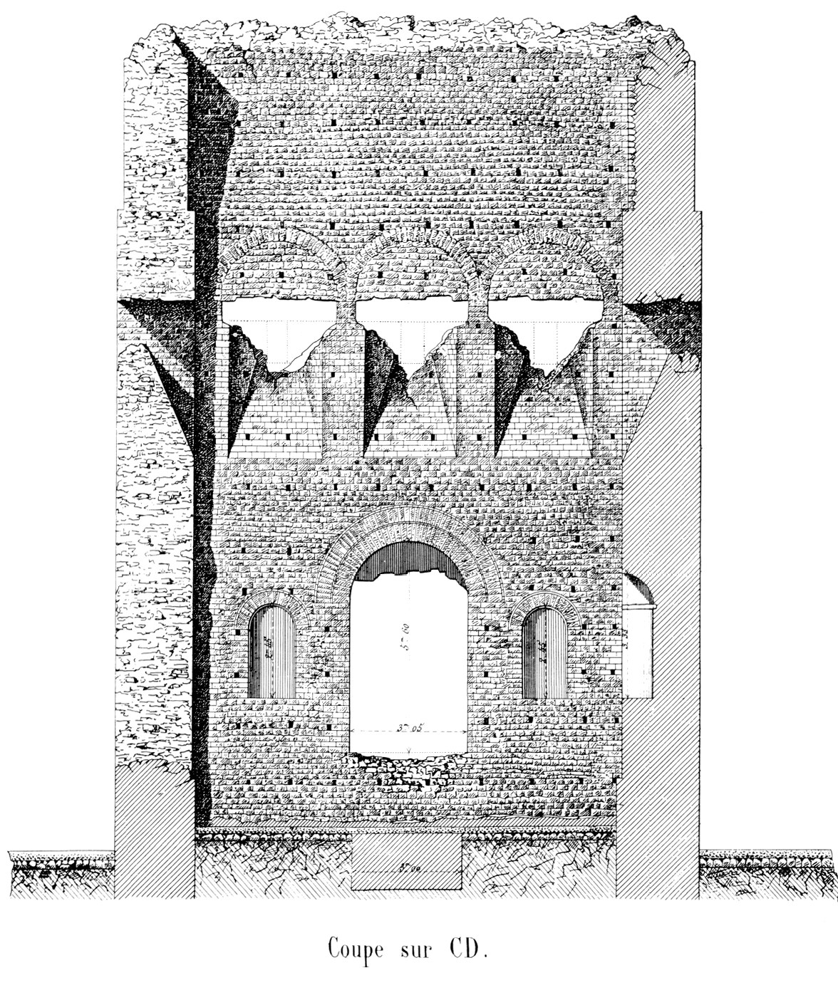 Eine Schwarz-Weiß-Zeichnung eines einstürzenden Gebäudes mit zerbrochenen Fenstern und Text unten.