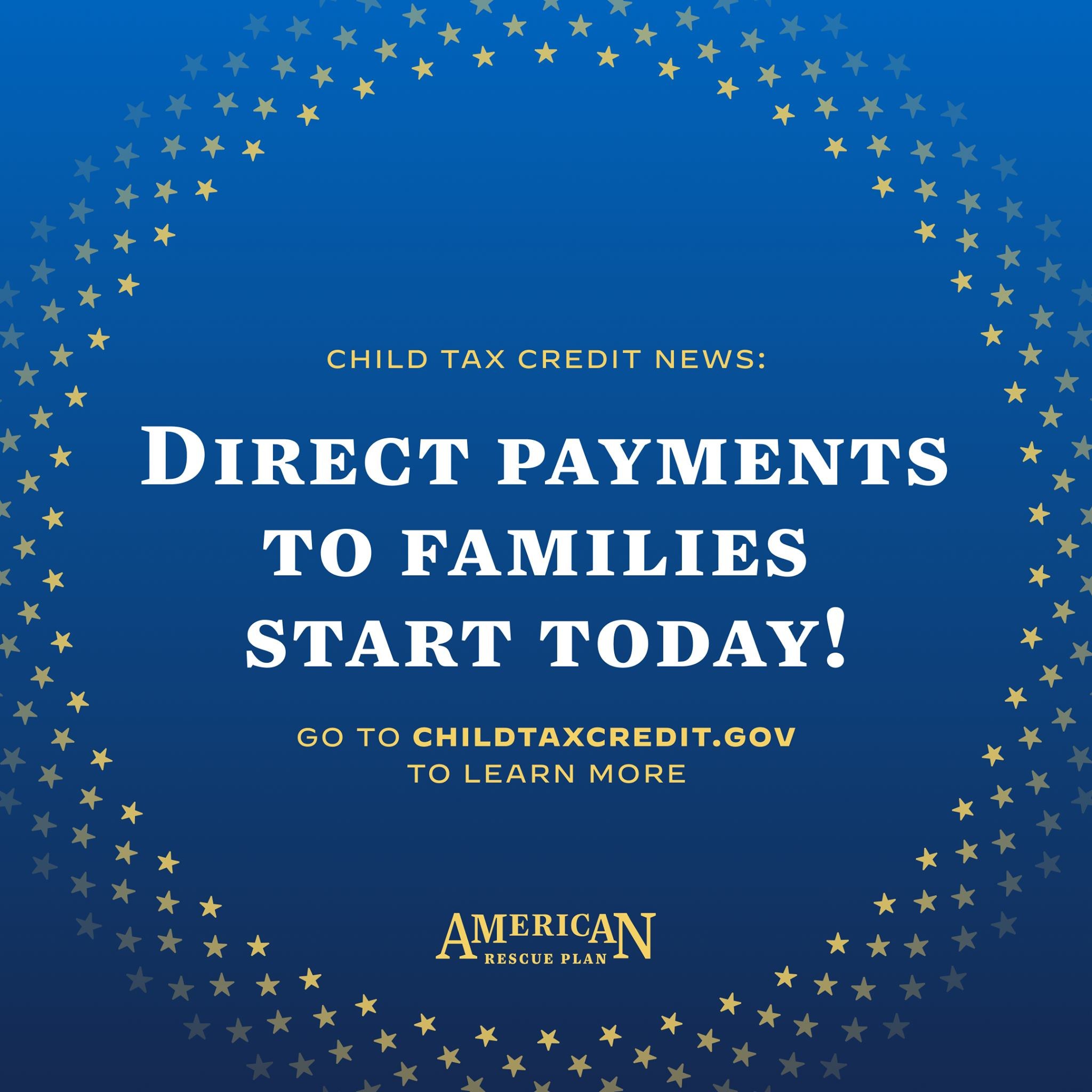 Plakat mit Text "Direkte Zahlungen an Familien beginnen heute" umgeben von einem Stern-Design.