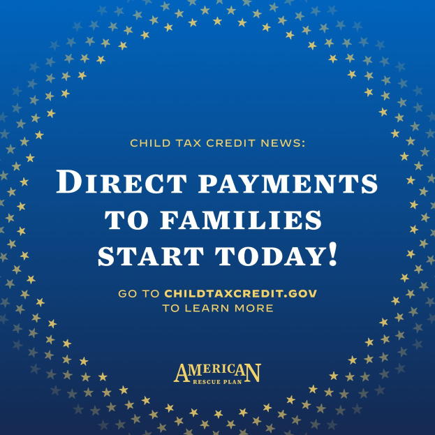 Plakat mit Text "Direkte Zahlungen an Familien beginnen heute" umgeben von einem Stern-Design.