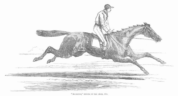 Schwarze und weiße Zeichnung eines Jockeys in einem langen Mantel und Hut, der ein galoppierendes Pferd reitet, mit der Aufschrift "Sieger des Derby 1886" unten.