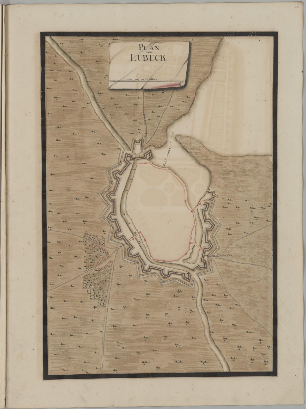 Eine detaillierte Karte der Stadt Lübeck auf dem Cover eines alten Buches, die Straßen, Gebäude und Sehenswürdigkeiten zeigt, begleitet von Texten über die Geschichte und Kultur der Stadt.