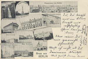 Eine Vintage-Postkarte mit mehreren Bildern von Berlin, darunter Gebäude, Bäume und eine Statue, mit handgeschriebener Text auf der Rückseite.