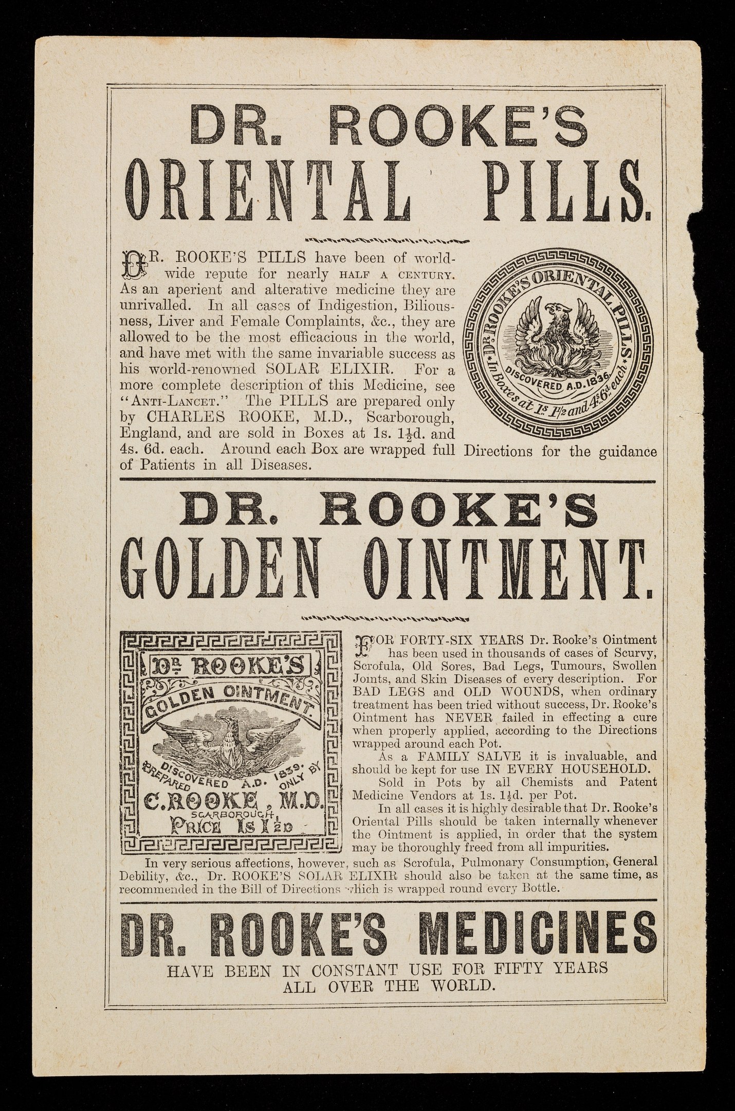 Schwarze und weiße Anzeige für Dr. Brooke's Oriental Pills mit fetter Schrift und einem kreisförmigen Logo mit einem blauen Rand auf einem weißen Hintergrund.