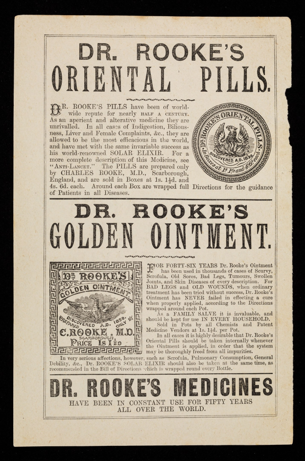 Schwarze und weiße Anzeige für Dr. Brooke's Oriental Pills mit fetter Schrift und einem kreisförmigen Logo mit einem blauen Rand auf einem weißen Hintergrund.