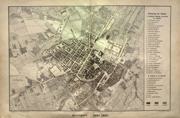 Ein detaillierter Stadtplan von Stuttgart, Deutschland aus dem Jahr 1881, mit Text, der einen Überblick über das Gebiet gibt.