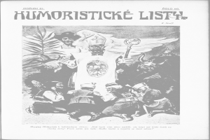 Schwarzes und weißes Foto einer Gruppe von Menschen, die um ein Plakat im Retro-Stil mit der Aufschrift "Humoristische Liste" stehen