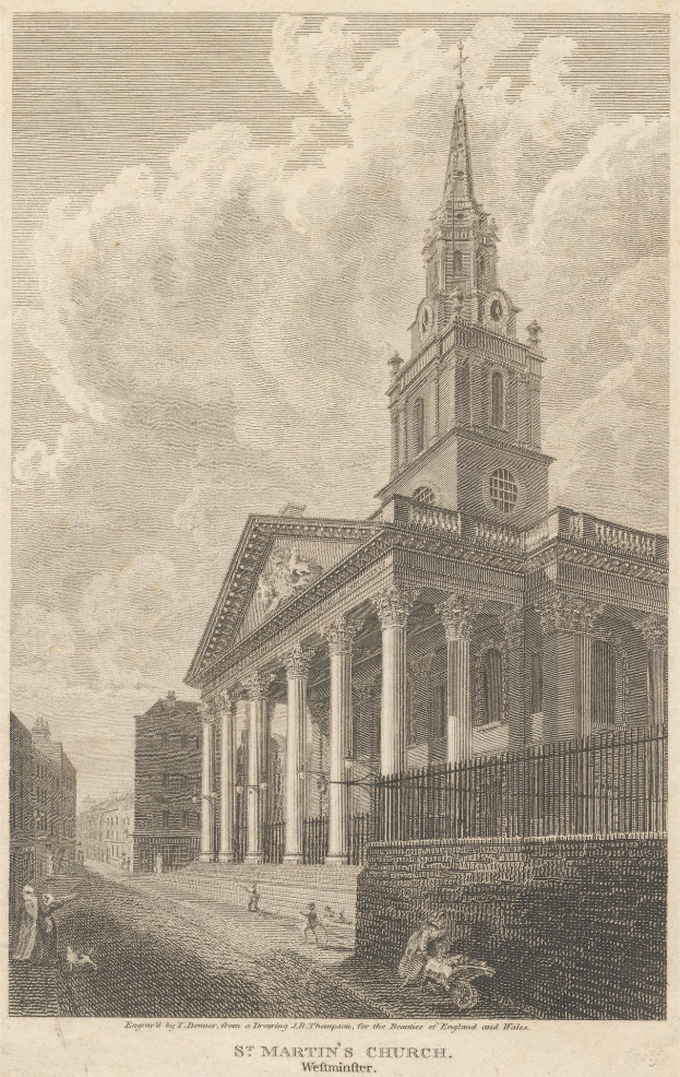 Schwarz-weiß-Radierung der St. Martin's Church in London, mit Gebäuden, Menschen, einem Zaun und Himmel, mit Text unten.