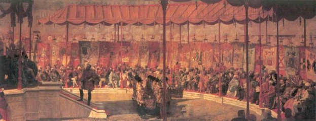 Gemälde einer vollen Theateröffentlichkeit in Opernkleidung, einige stehen und einige sitzen, mit sichtbaren Stöcken, Vorhängen und Boden im Hintergrund.