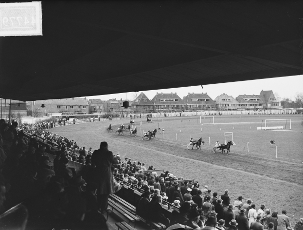 Ein Schwarz-Weiß-Foto eines Pferderennens in einem Stadion mit Zuschauern auf Bänken und Jockeys auf Pferden, Gebäuden, Bäumen und Pfählen im Hintergrund unter einem klaren Himmel.