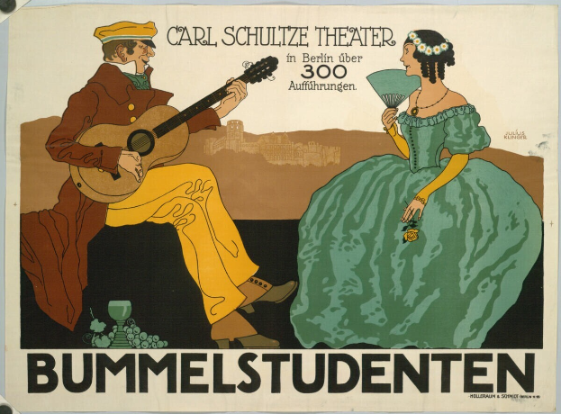 Plakatankündigung eines Konzerts im Carl-Schulze-Theater in Berlin, Deutschland, mit einem Mann, der eine Gitarre spielt, und einer Frau, die ein Fächer hält, sowie Text auf dem Plakat.