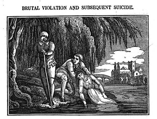 Schwarzes und weißes Foto eines Mannes, der steht und einen Stock hält, mit einer Frau, die vor ihm auf dem Boden liegt, umgeben von Bäumen, Gebäuden und einem bewölkten Himmel, mit dem Text "brutale Gewalt und anschließender Suizid" oben und unten.