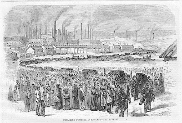 Schwarze und weiße Zeichnung von Menschen, die vor einem Fabrikgebäude mit Häusern und Rauch aus Schornsteinen im Hintergrund stehen, mit der Beschriftung "Kohlebergbau-Katastrophe in England, das Ende" unten.