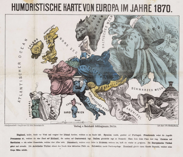 Ein Plakat mit dem Titel "Humoristische Karte von Europa im Jahre 1870", das eine Karte von Europa mit Cartoon-Bildern zeigt.