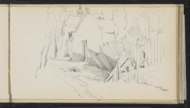 Eine Schwarz-Weiß-Zeichnung einer Stadtstraße mit einem Gebäude im Hintergrund, geschaffen von Joseph Mallord William Turner zwischen 1805 und 1898, aus der National Portrait Gallery in London.