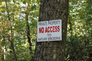 Ein Baum mit einer "Privatgrundstück Kein Zugang zum Naturreservat"-Tafel am Stamm, umgeben von dichtem Wald im Hintergrund.