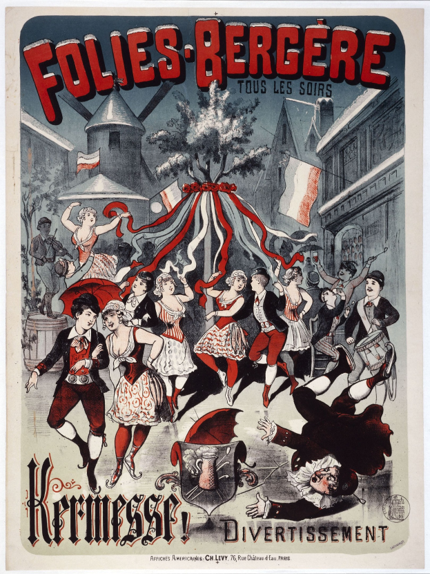 Plakat für das Folies-Bergère-Festival in Paris mit tanzenden Figuren im Vordergrund, Gebäuden, Flaggen und einem Baum im Hintergrund sowie französischem Text oben und unten.