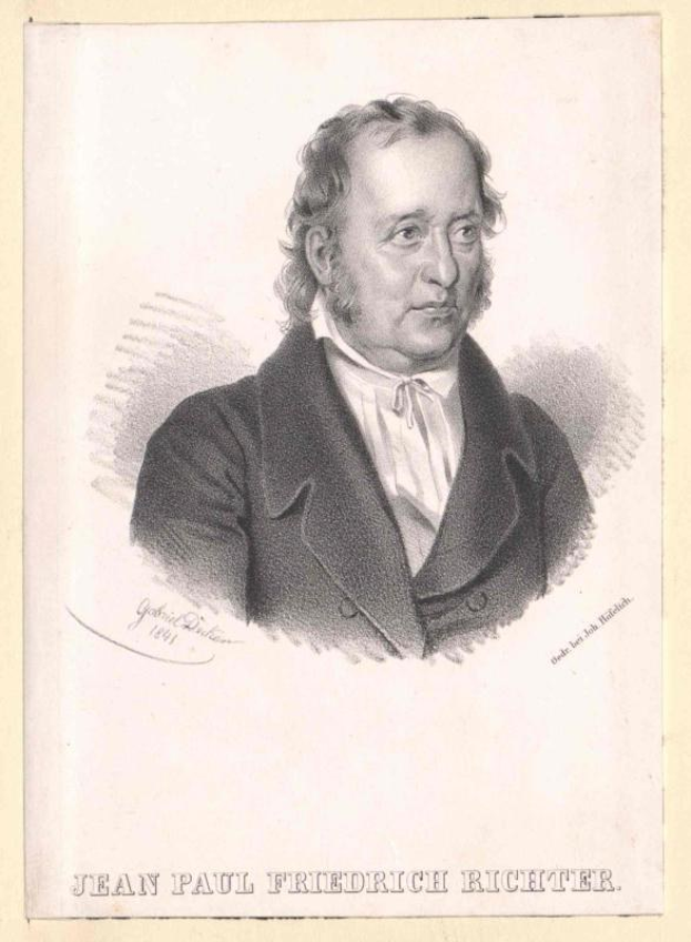 Schwarz-weiß-Zeichnung des deutschen Komponisten Jean Paul Friedrich Richter in einem schwarzen Mantel mit Text unten.