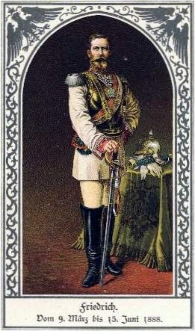 Schwarz-weiß-Postkarte eines Mannes in militärischer Uniform mit einem Schwert, mit Text unten: "Friedrich, König von Deutschland."