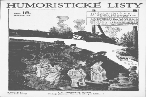 Schwarz-weiß-Zeichnung von Menschen, die auf einen Zug schauen, mit "humoristische liste 18" auf einem Papier.
