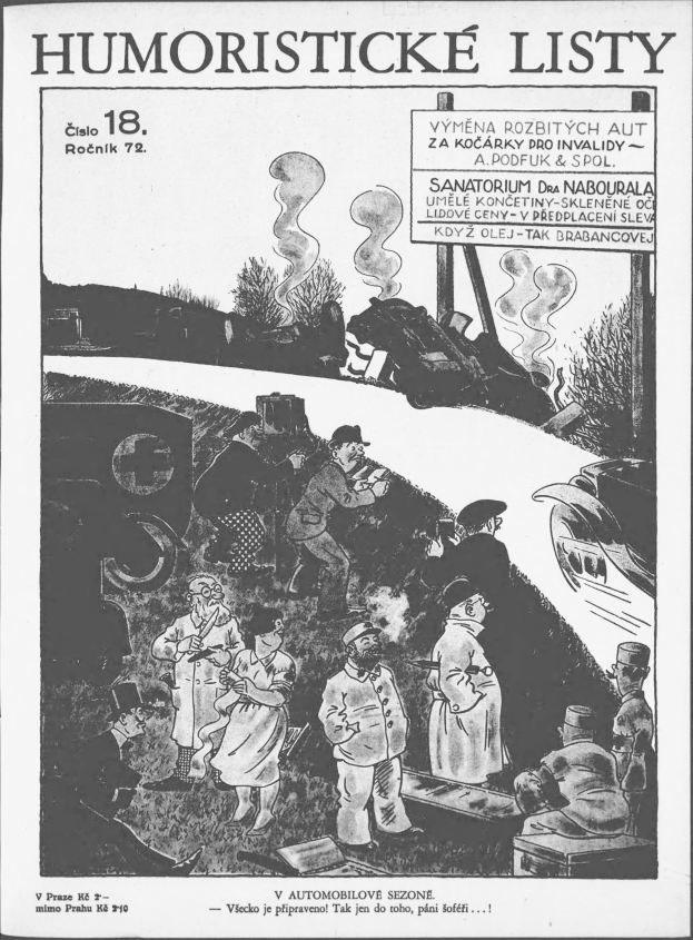 Schwarz-weiß-Zeichnung von Menschen, die auf einen Zug schauen, mit "humoristische liste 18" auf einem Papier.
