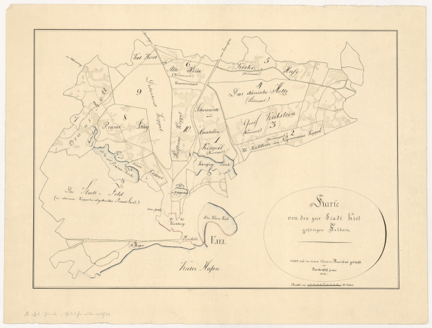 Detailierte alte Karte von Stuttgart, Deutschland, zeigt Straßen, Gebäude und Sehenswürdigkeiten mit begleitendem Text über Bevölkerung, Straßen und bemerkenswerte Orte.