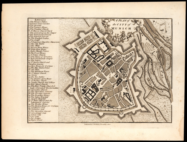 Detailreiches altes Stadtplan von München, Deutschland, mit Straßen, Gebäuden und Sehenswürdigkeiten auf einem schwarzen Hintergrund, begleitet von beschreibendem Text.