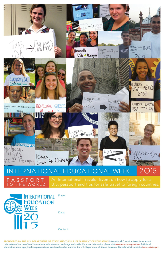 Internationaler Bildungswoche 2015 Plakat mit einer vielseitigen Gruppe von Menschen, die lächeln und Schilder mit eventbezogenen Texten halten.